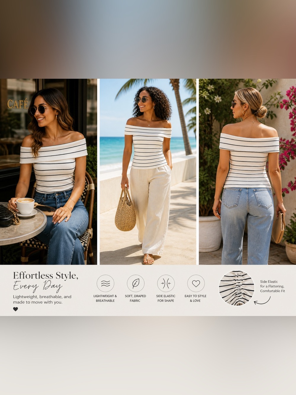 a new day Cream Off-the-Shoulder Ribbed Sweater with Black Stripes